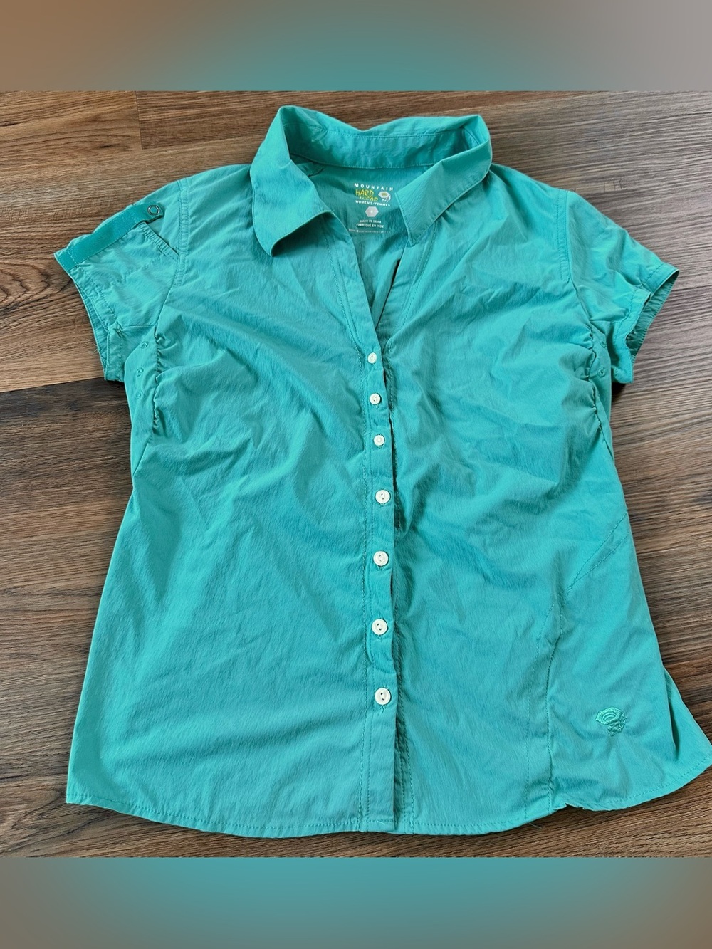 Mountain Hardwear Button Up Shirt Womens 6 Short Sleeve Pocket Vent Teal Hiking